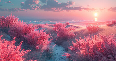 朝日がゆっくりと昇る未来的な風景。