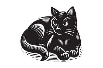 Cute black cat.  Resting, lying down. Vintage vector engraving illustration, emblem, logo