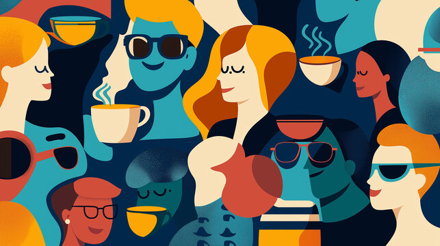 Happy coffee society people in minimalist style ilustration