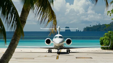 A luxurious private jet landing on a pristine island runway, with attention to the jet鈥檚 elegant design and the island鈥檚 beautiful surroundings, Tropical setting with focus on luxury travel
