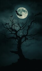 Fototapeta premium Silhouette of a tree and bats against a full moon.