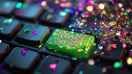 Computer keyboard key with Start 2025 icon and shiny confetti for Merry Christmas celebration, concept of Happy New Year, xmas, green