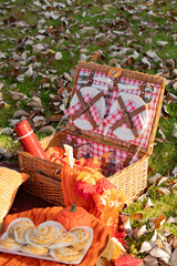 picnic basket with apples and flowers