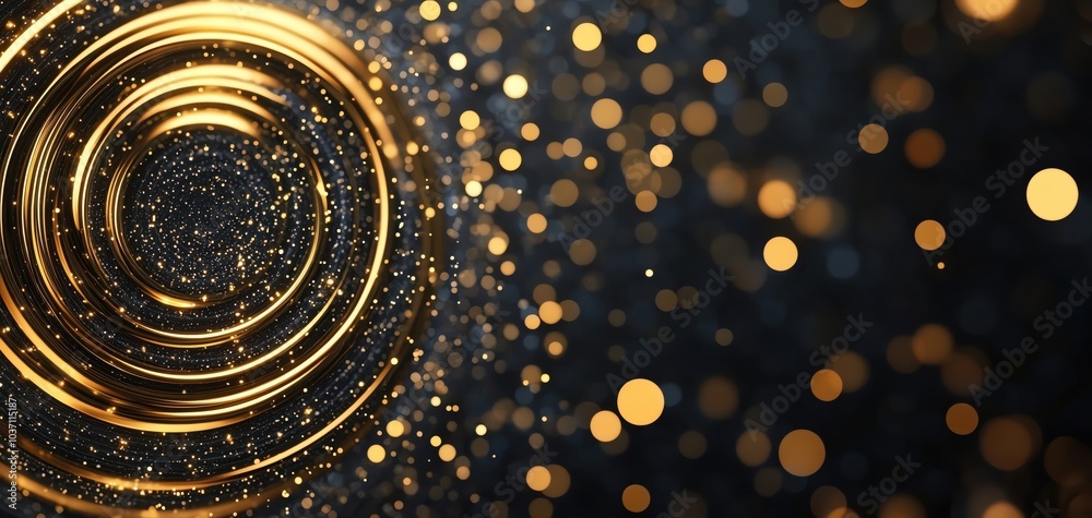 Poster golden circular patterns with shimmering bokeh against a dark background create a captivating visual