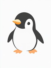 Fototapeta premium A cute cartoon penguin with black and white feathers, an orange beak and orange feet, standing on a white background.