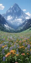 Fototapeta premium A breathtaking view of a vibrant meadow filled with colorful wildflowers, set against a majestic snow-capped mountain under a clear blue sky.