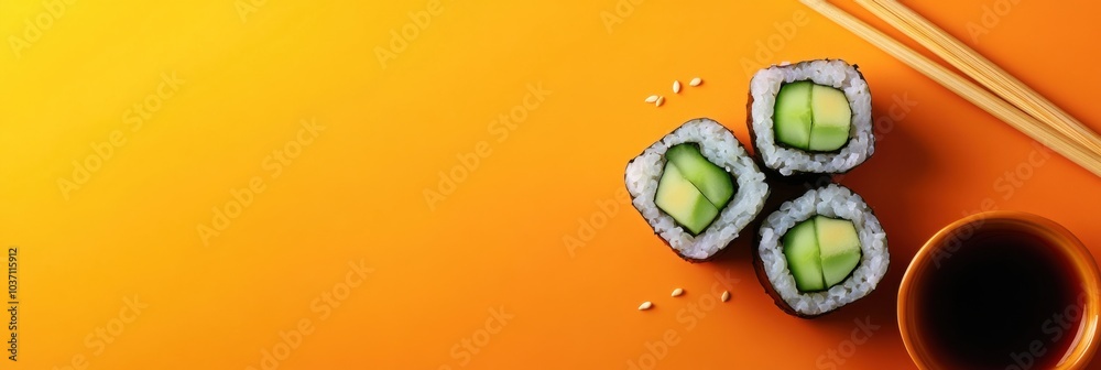 Poster delicious cucumber sushi rolls placed neatly with soy sauce and chopsticks on a warm orange backdrop