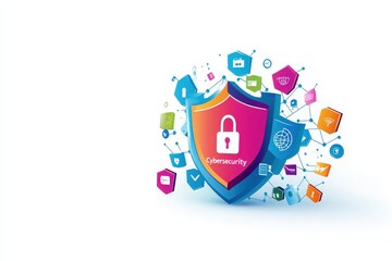 Obraz premium A dynamic shield features a central padlock, encircled by icons of digital security tools, highlighting the crucial role of cybersecurity in todays digital landscape.