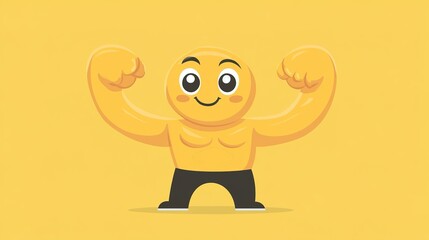 Naklejka premium Strong Muscle Emoticon: A Flat Cartoon Drawing Featuring Flexed Biceps and Hand Gesture Emoji. This design showcases an expressive character with powerful arm muscles