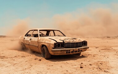 Obraz premium Old, abandoned car in a dusty landscape, surrounded by dry terrain.