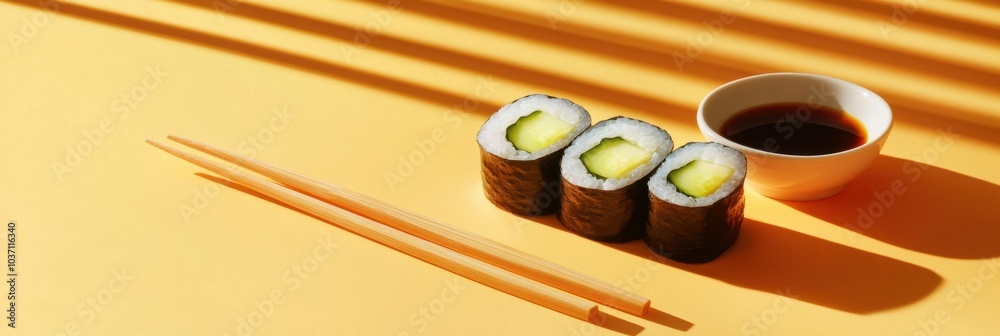 Poster fresh sushi rolls filled with cucumber are elegantly arranged next to a small bowl of soy sauce, rea