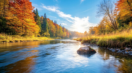 Obraz premium A serene river flowing through a vibrant autumn landscape with colorful foliage.