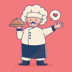 Cartoon Chef Character with Serving Platter Vector Illustration, Smiling Chef Holding Dish Cartoon Style Vector, Professional Chef in Cartoon Style Vector Art