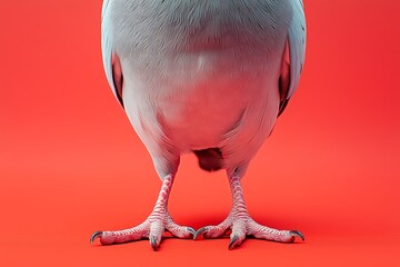 Detailed close-up of pigeon legs and feet against a vibrant red background, highlighting texture and color contrast.