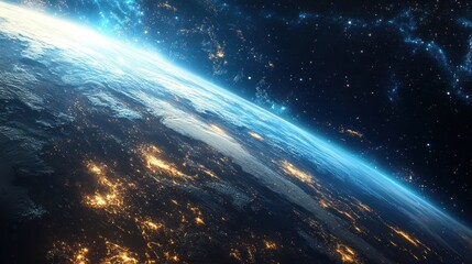 A stunning view of Earth from space, showcasing its atmosphere and illuminated regions.