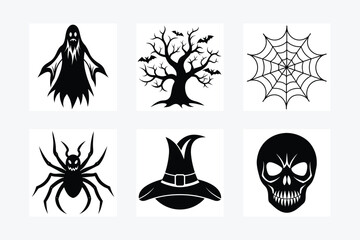 Set of 6 vector halloween elements. Black silhouettes, isolated on white background