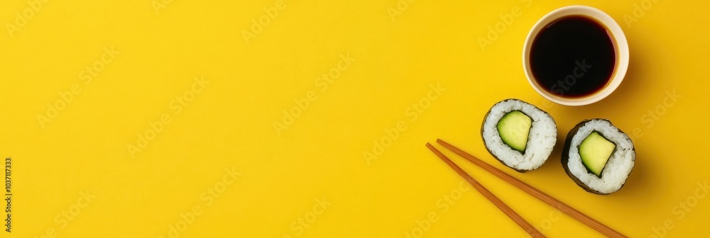 Poster A tempting sushi roll filled with cucumber is paired with a small bowl of soy sauce and chopsticks, set against a bright yellow backdrop. Generative AI