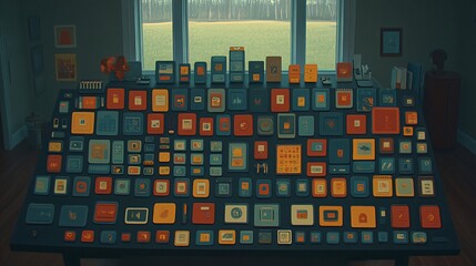 A large table filled with colorful square icons in various shades of blue, red, yellow, and orange arranged in rows and columns.