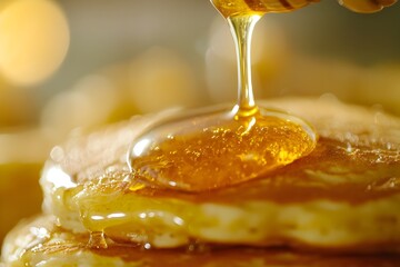 Close up of Honey Drizzling Over Fluffy Pancake Stack  Capturing Rich Golden Color and Sticky Texture for Breakfast Scenes and Honey Products Concept