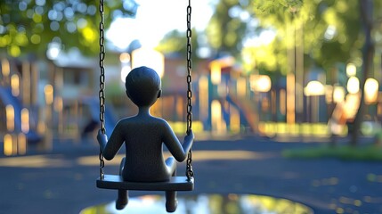Introvert Shyness Figure sitting on a swing in an empty playground, quiet reflection, 3D illustration, no face