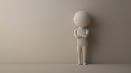 Introvert Shyness Figure standing with arms folded, back against a wall, quietly observing the scene, shy mood, 3D illustration, no face
