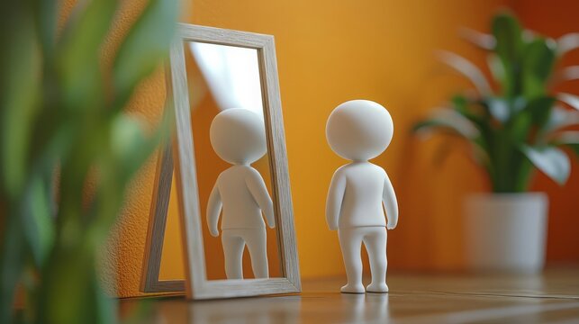 Introvert Shyness Figure standing in front of a mirror, hesitant posture, reflecting shyness, 3D illustration, no face