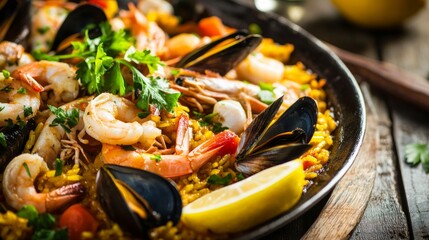 A luxurious seafood paella with shrimp, mussels, and calamari