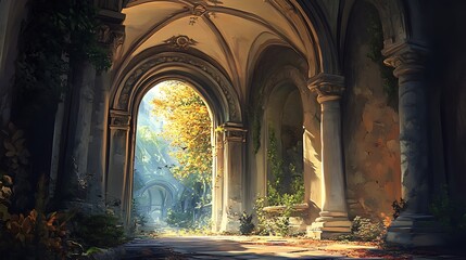 Obraz premium A Sunlit Pathway Through an Overgrown Stone Archway