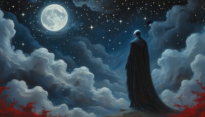 Romantic dark fantasy novel illustration two people in the night sky among the clouds
