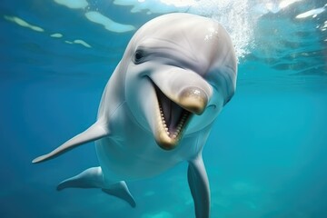 Naklejka premium A baby dolphin is swimming happily in crystal clear blue waters exhibiting playful behavior near vibrant coral reefs on a sunny afternoon