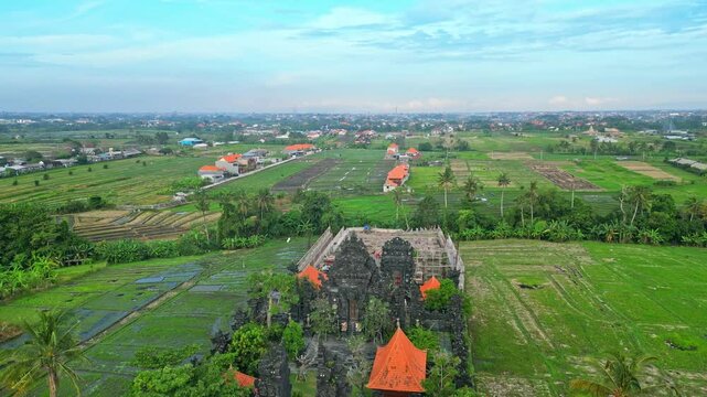 Giriya Dalem Mandhara Giri - Temple construction. Flying above construction site of the Temple in Bali