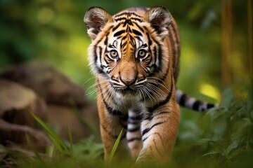 Obraz premium A playful baby tiger explores its surrounding environment displaying confident movements and vibrant fur against the backdrop of rich foliage and natural light