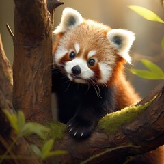 Fototapeta premium A playful baby red panda explores a tree showing its cute face and fluffy fur while surrounded by vibrant green leaves in a tranquil forest setting