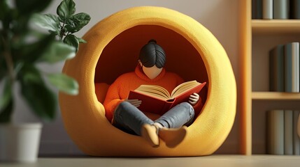 Introvert Shyness Person reading a book in a cozy nook, avoiding eye contact, introverted comfort, 3D illustration, no face