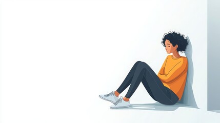 Introvert Shyness Person sitting alone in a corner, avoiding eye contact, flat design illustration