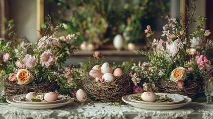 4. A festive table setting with Easter eggs placed in decorative nests and surrounded by spring flowers