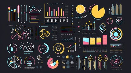 A set of colorful charts, graphs, and diagrams on a dark background.