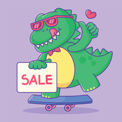 Fun Cartoon Dinosaur Character Riding Skateboard Holding Sale Sign Perfect For promotional materials, Social Media and Posters
