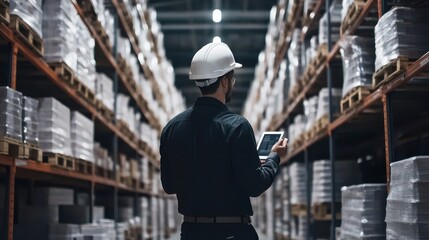 Warehouse Worker Using Tablet for Inventory Management