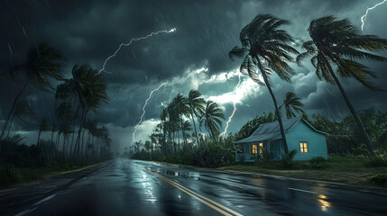 Naklejka premium hurricane natural disaster rainstorm flooding typhoon coastal area island strong wind heavy rain rainfall destruction damage island storm nature environment adverse weather thunderstorm