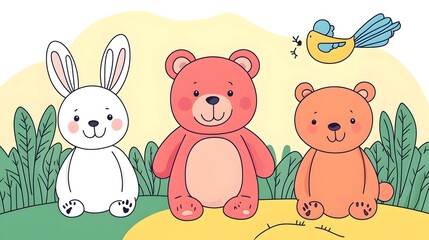 Naklejka premium A colorful illustration of three cute animals: a white bunny, a pink bear, and an orange bear, set against a whimsical background of greenery and a bird.