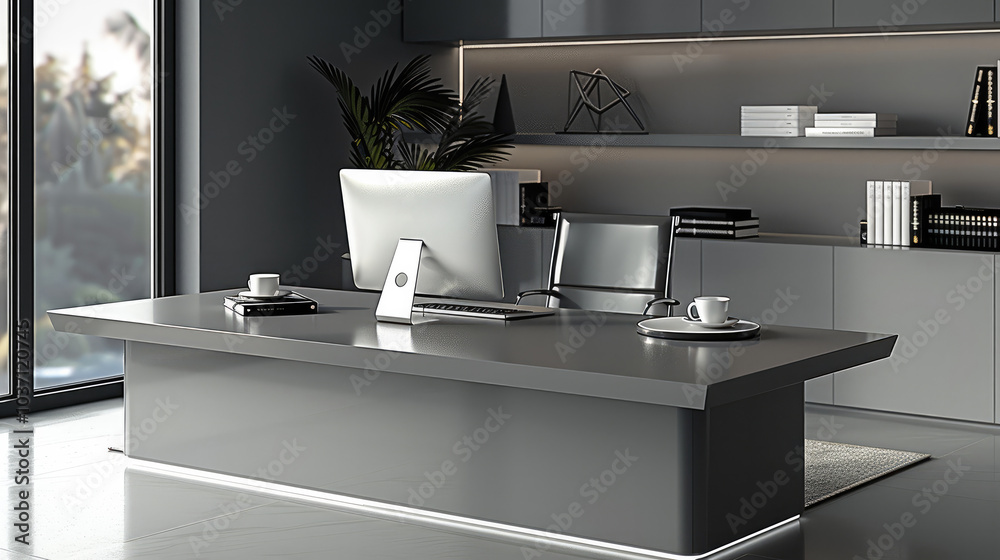 Leinwandbilder A gray office table with a state-of-the-art laptop, some property regularization office objects.