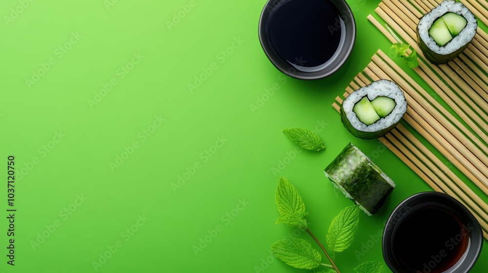 Poster a delicious sushi roll filled with cucumber rests alongside soy sauce, chopsticks, and fresh mint on