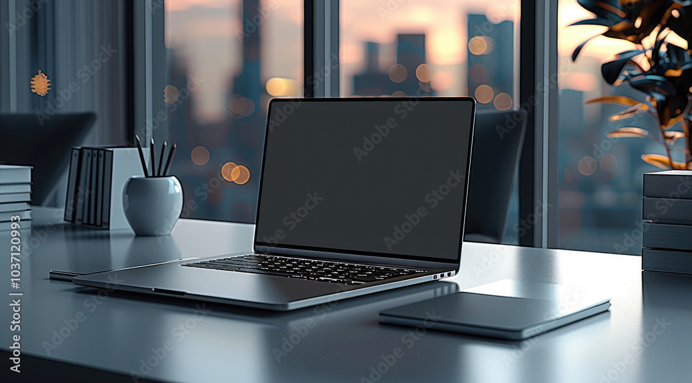 Leinwandbilder a gray office table with a state-of-the-art laptop, some property regularization office objects.