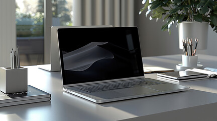 A gray office table with a state-of-the-art laptop, some property regularization office objects.