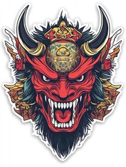 A detailed illustration of a red oni demon mask with horns, fangs, and a fierce expression.