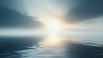 Obraz premium A serene ocean view at dawn, with soft reflections on the water and a gentle light breaking through the clouds.