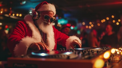 Santa Claus spins festive tunes on a DJ deck at a lively holiday party, creating a joyful Christmas atmosphere.