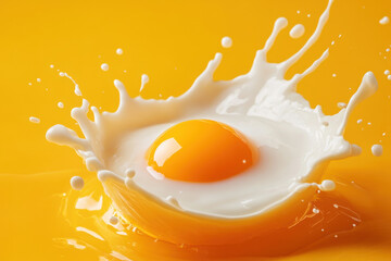 A bright splash of milk surrounds a vibrant egg yolk on a sunny yellow background, creating a dynamic and colorful food image.