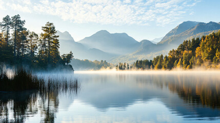 A serene mountain lake at dawn, with mist rising from the water and a peaceful ambiance.